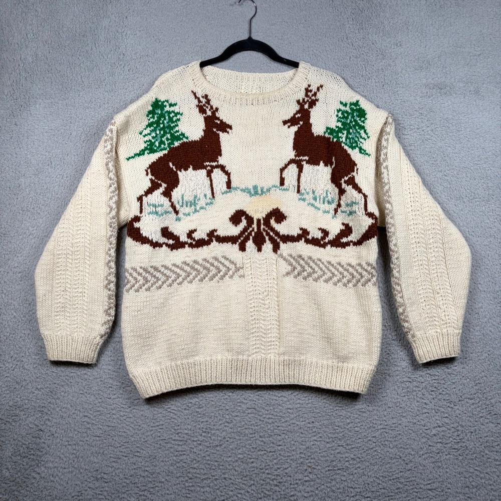 VTG Cowichan Style Hand Knit Wool Sweater Deer Buck Reindeer Mens XL Grandpa